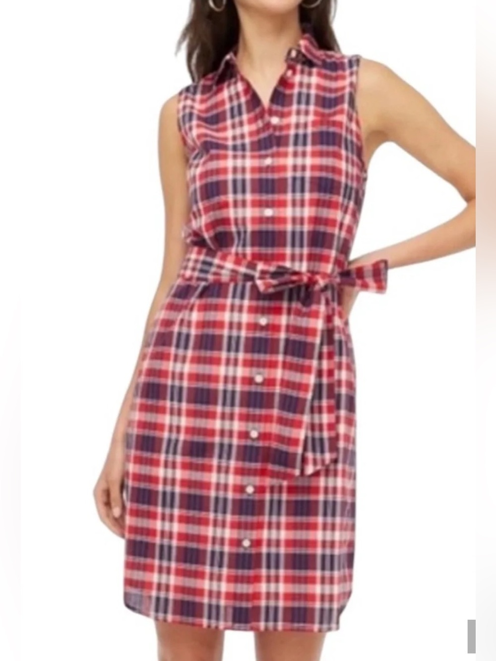 J. Crew Red Plaid Sleeveless Shirt Dress with Waist Tie, size 14